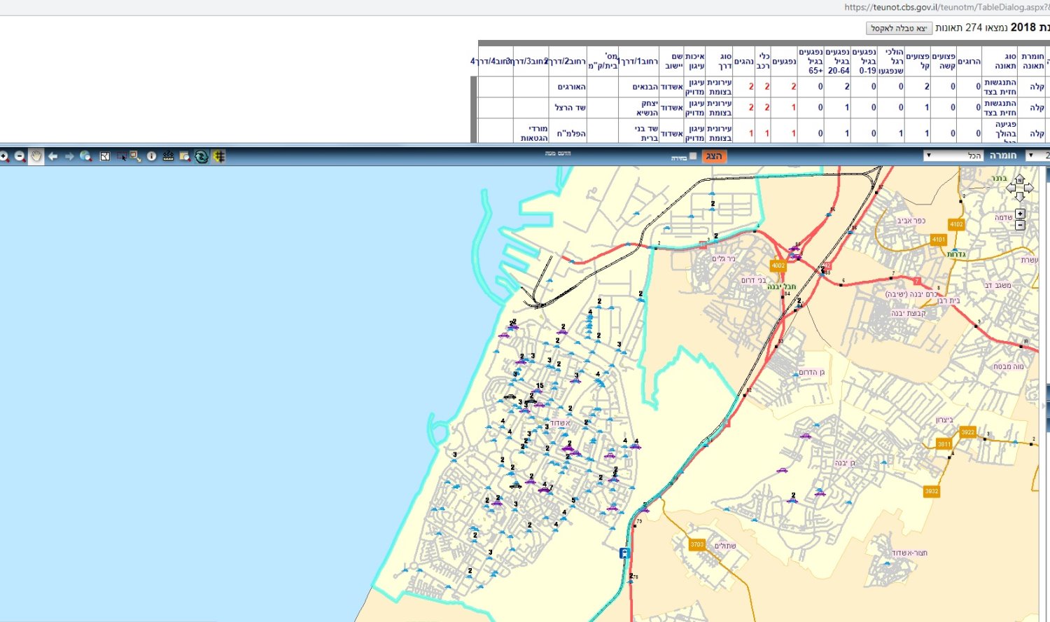 מפת התאונות באשדוד בשנת 2018